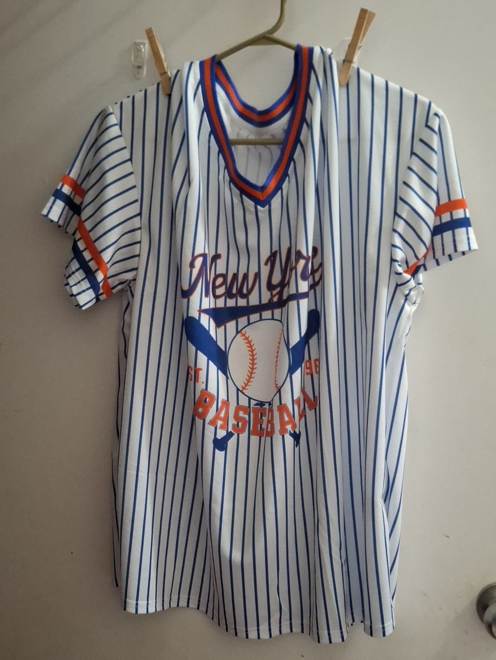 Womens White & Blue Striped Baseball Tee - Unbranded